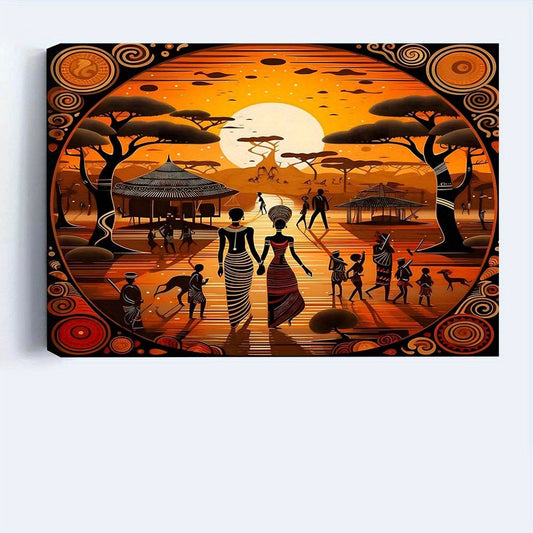 A canvas wall art depicting an African tribal wedding ceremony scene with vibrant colors and intricate patterns.