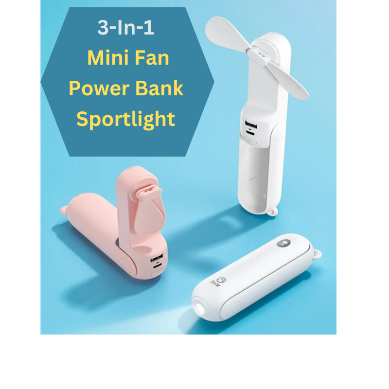 Portable 3 In 1 Mini Handheld Fan Power Bank  Sportlight - USB 4500mAh Recheargable Fan