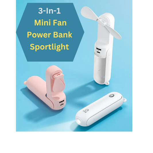 Portable 3 In 1 Mini Handheld Fan Power Bank  Sportlight - USB 4500mAh Recheargable Fan