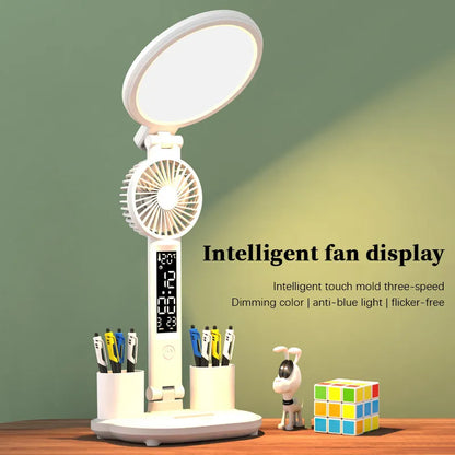 LED Dimmable Desk Lamp with USB Charging Port, Foldable Table Lamp with Fan, Eye Protection Reading Night Light"