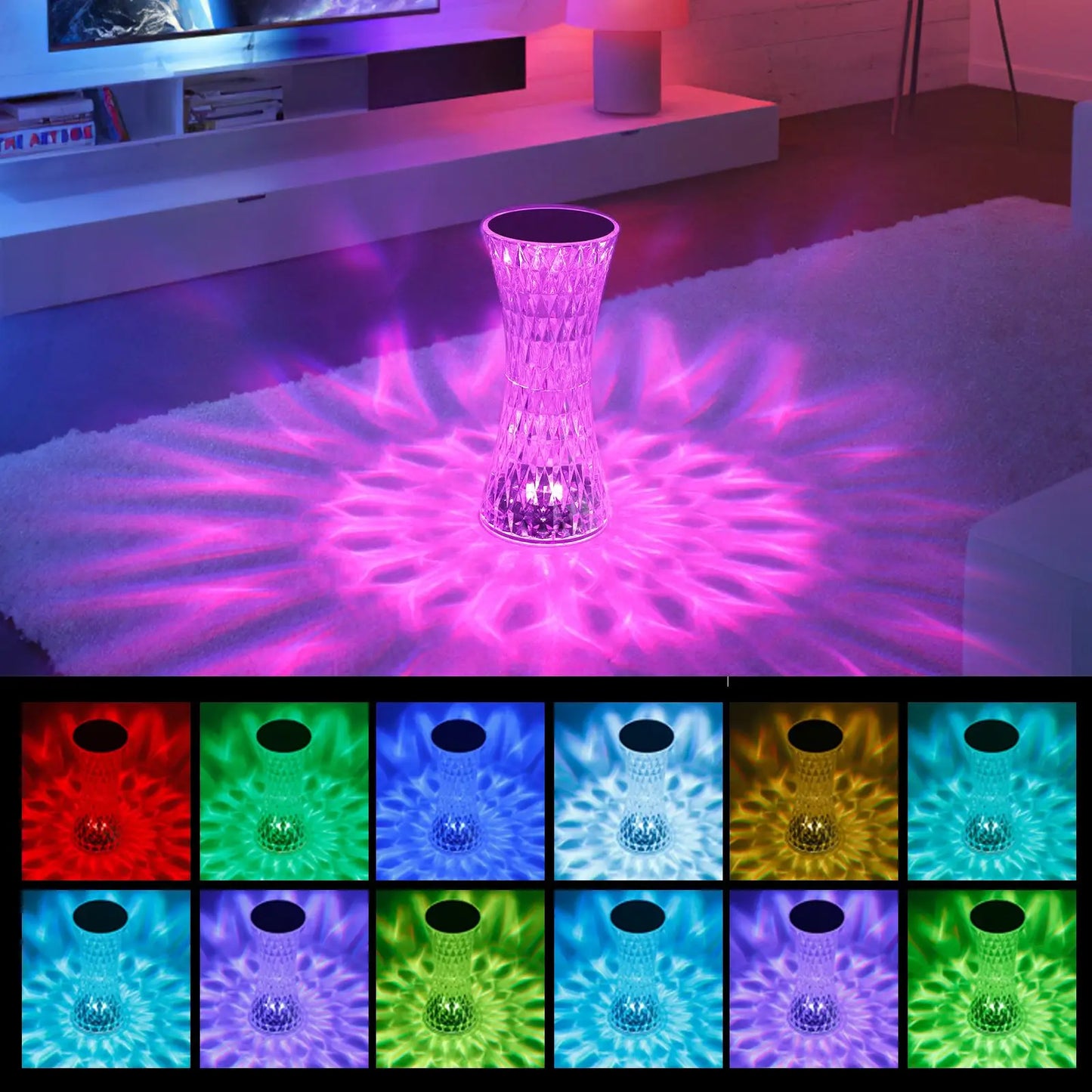 USB LED Crystal Vase Table Lamp with 16 Colors and Touch Control for Romantic Bedroom Atmosphere