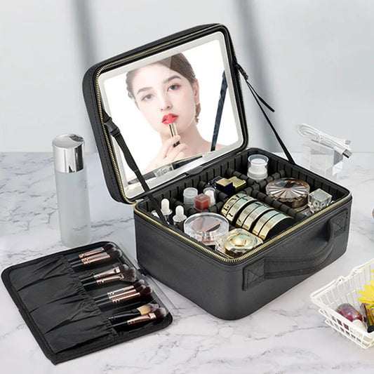 Travel Makeup Bag Organizer with Smart LED Mirror