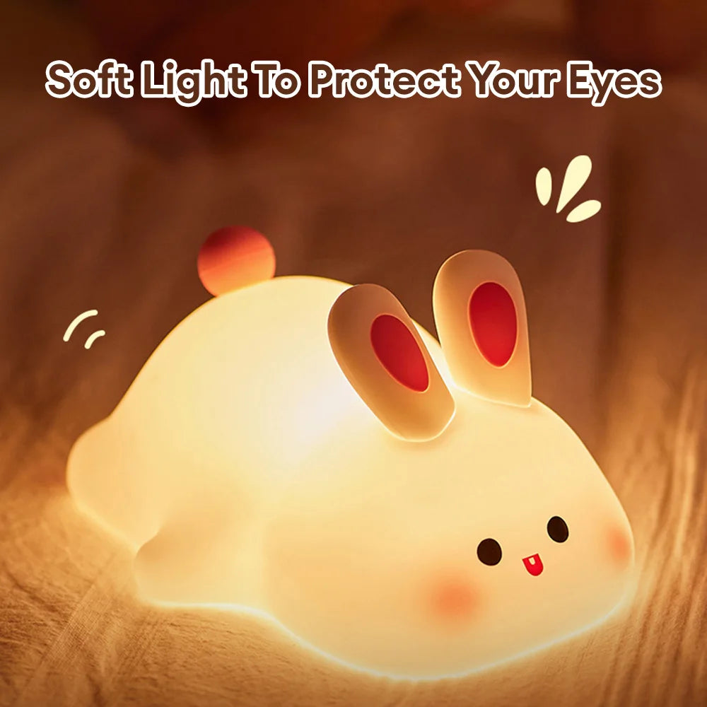 Adorable Rabbit LED Night Light - Touch Sensor, Silicone, Perfect Christmas Gift for Kids, Bedside Lamp