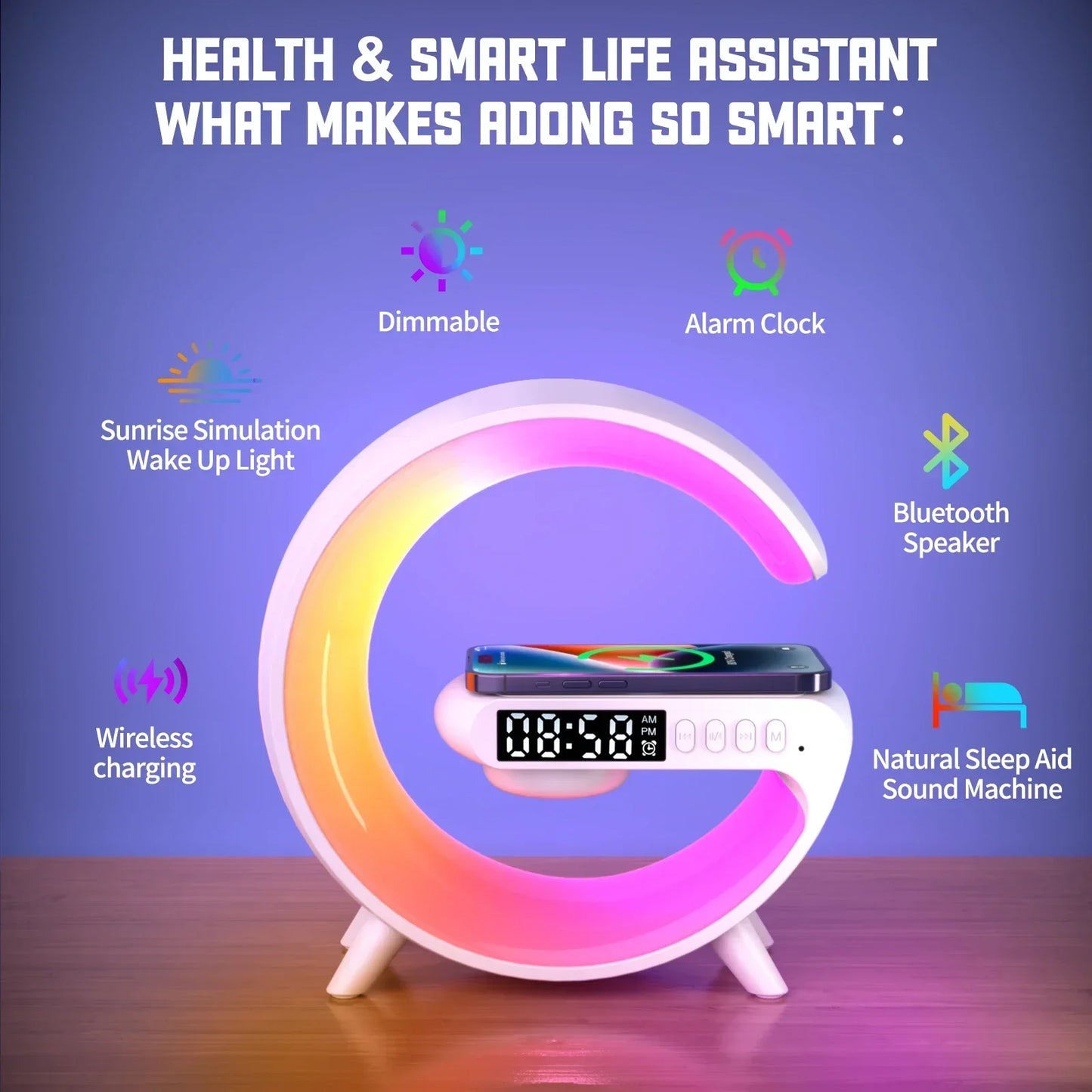 RGB Night Light Lamp with Multifunction Alarm Clock, TF Bluetooth Speaker, Wireless Charger