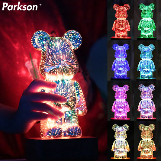 Color Changing LED 3D Firework Bear Night Light - USB Projector Lamp for Bedroom, Home, Room - Perfect Birthday or Kids Gift