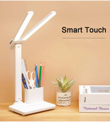 Foldable LED Desk Lamp with USB Charging, Dimmable, 180° Rotation, Eye Protection, Dual Head, for Reading, Night Light