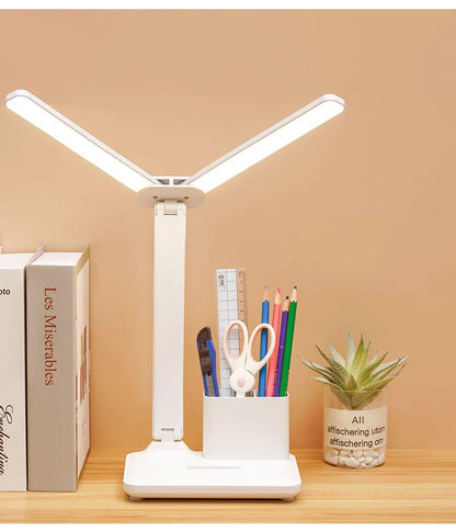 Foldable LED Desk Lamp with USB Charging, Dimmable, 180° Rotation, Eye Protection, Dual Head, for Reading, Night Light