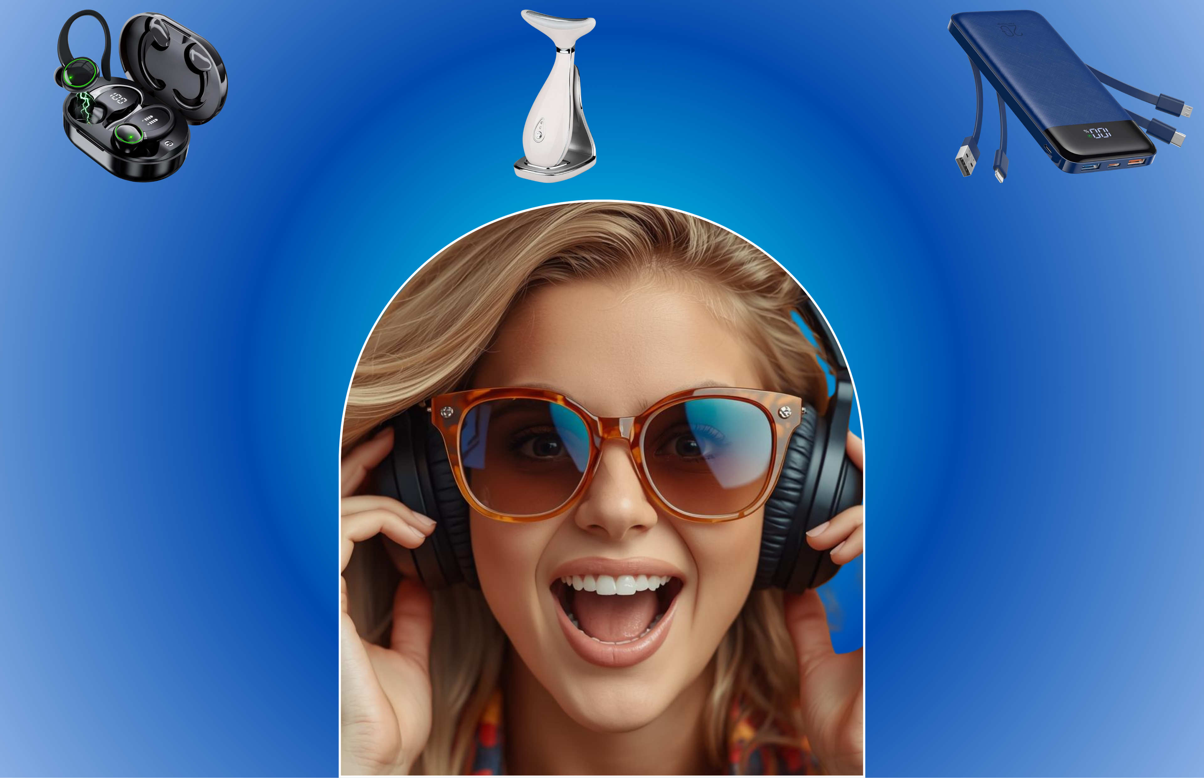 Woman wearing sunglasses with headphones, surrounded by technology products on a blue background